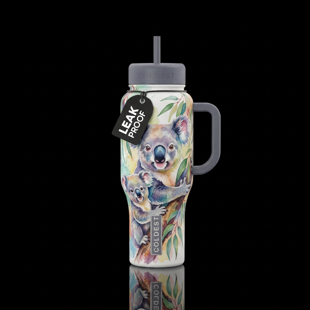 watercolor koalas water bottle design