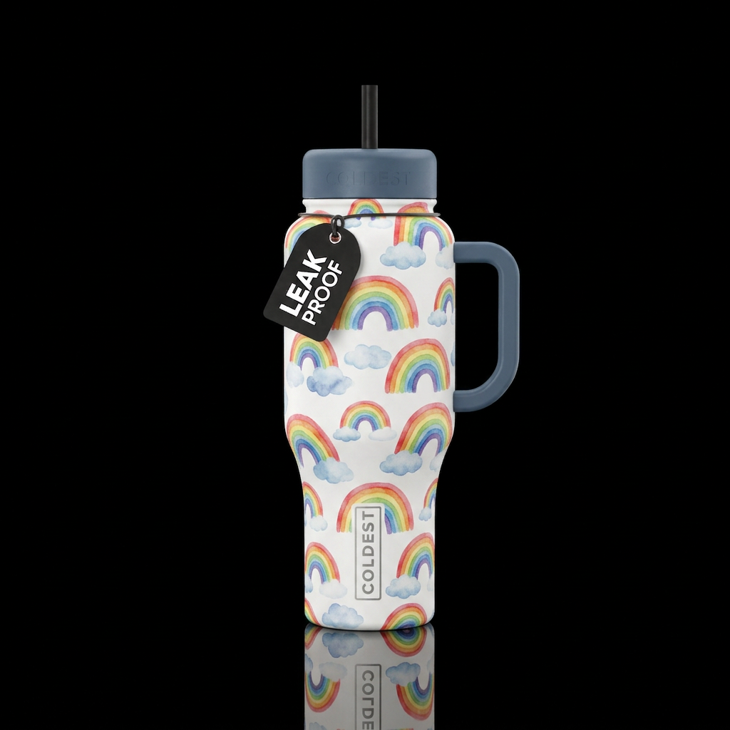 watercolor mini rainbows with clouds water bottle design