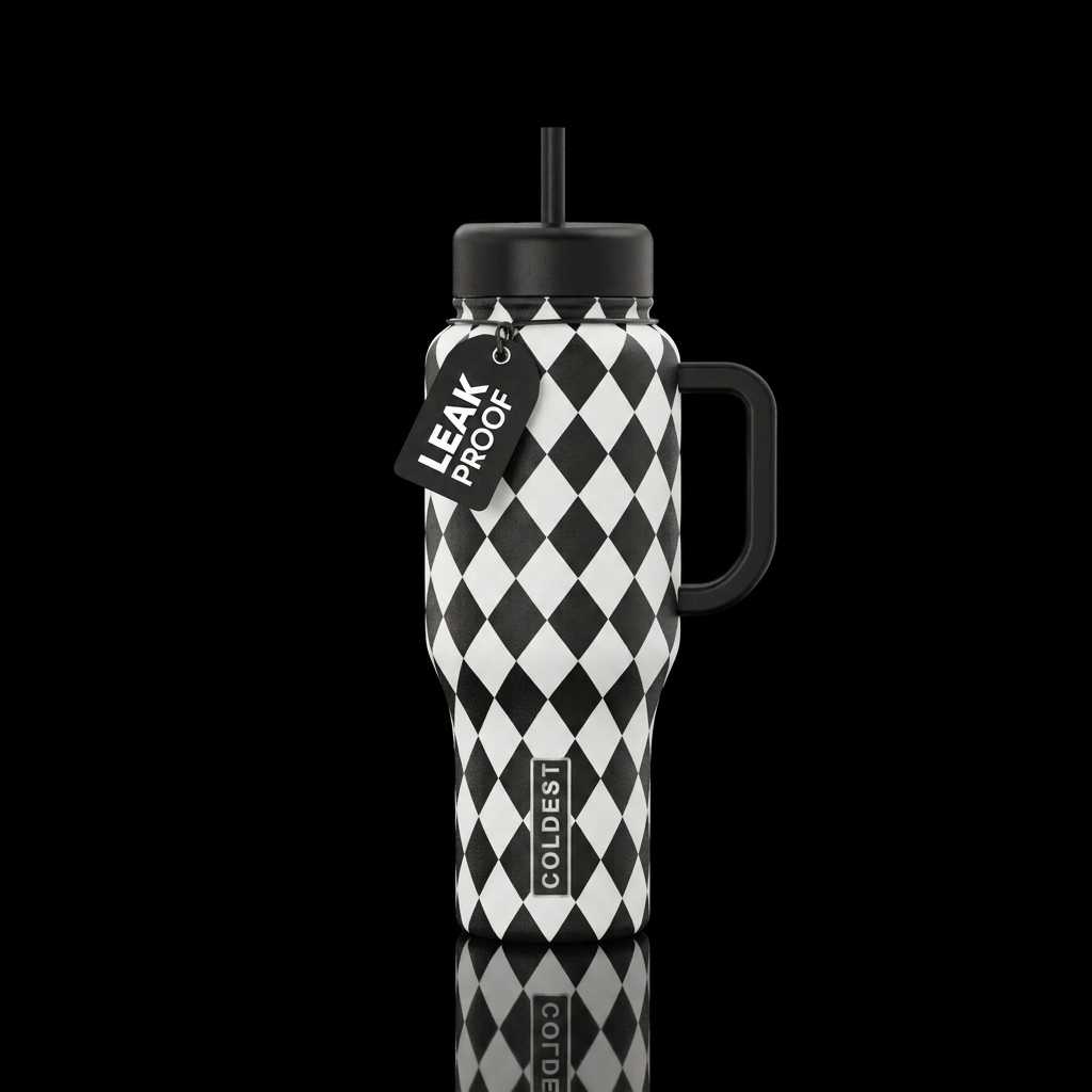 black and white diamond pattern water bottle design