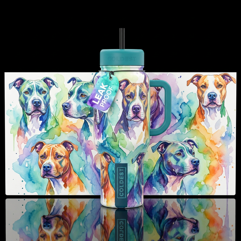 watercolor pitbulls water bottle design