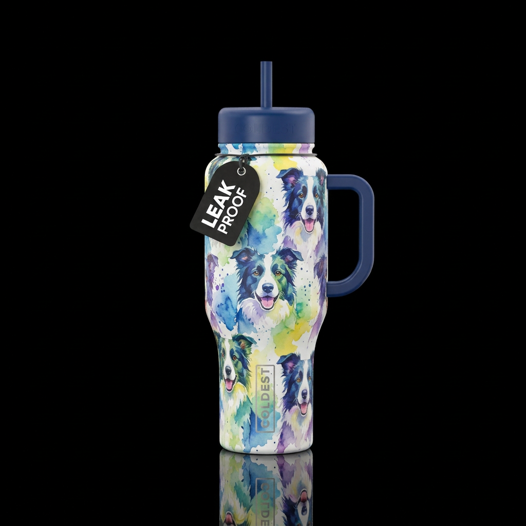 watercolor border collies water bottle design