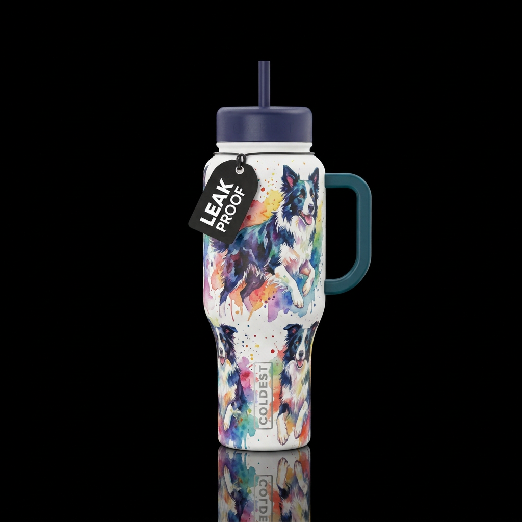 watercolor border collies water bottle design