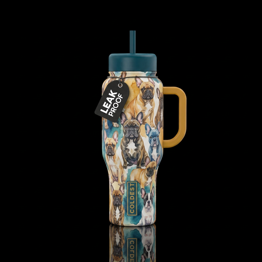watercolor French bulldogs water bottle design