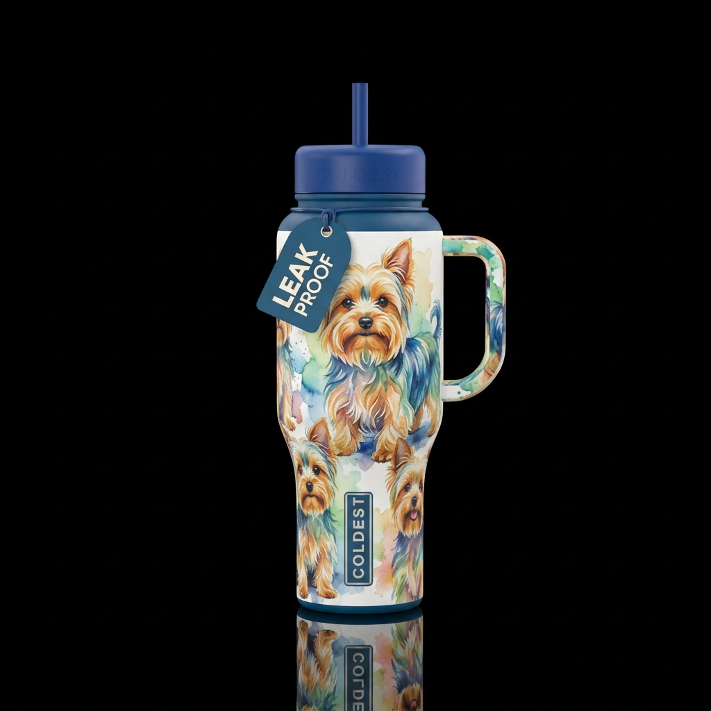 watercolor yorkies water bottle design
