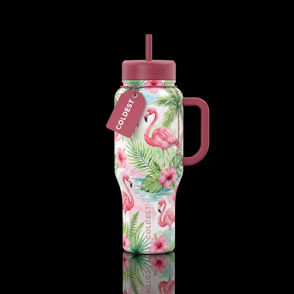 watercolor flamingos water bottle design