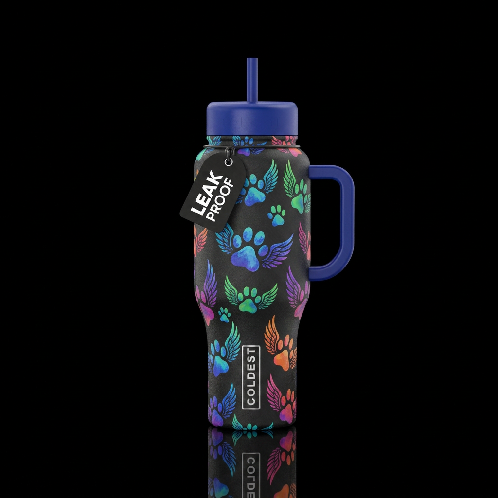 paw prints with angel wings water bottle design