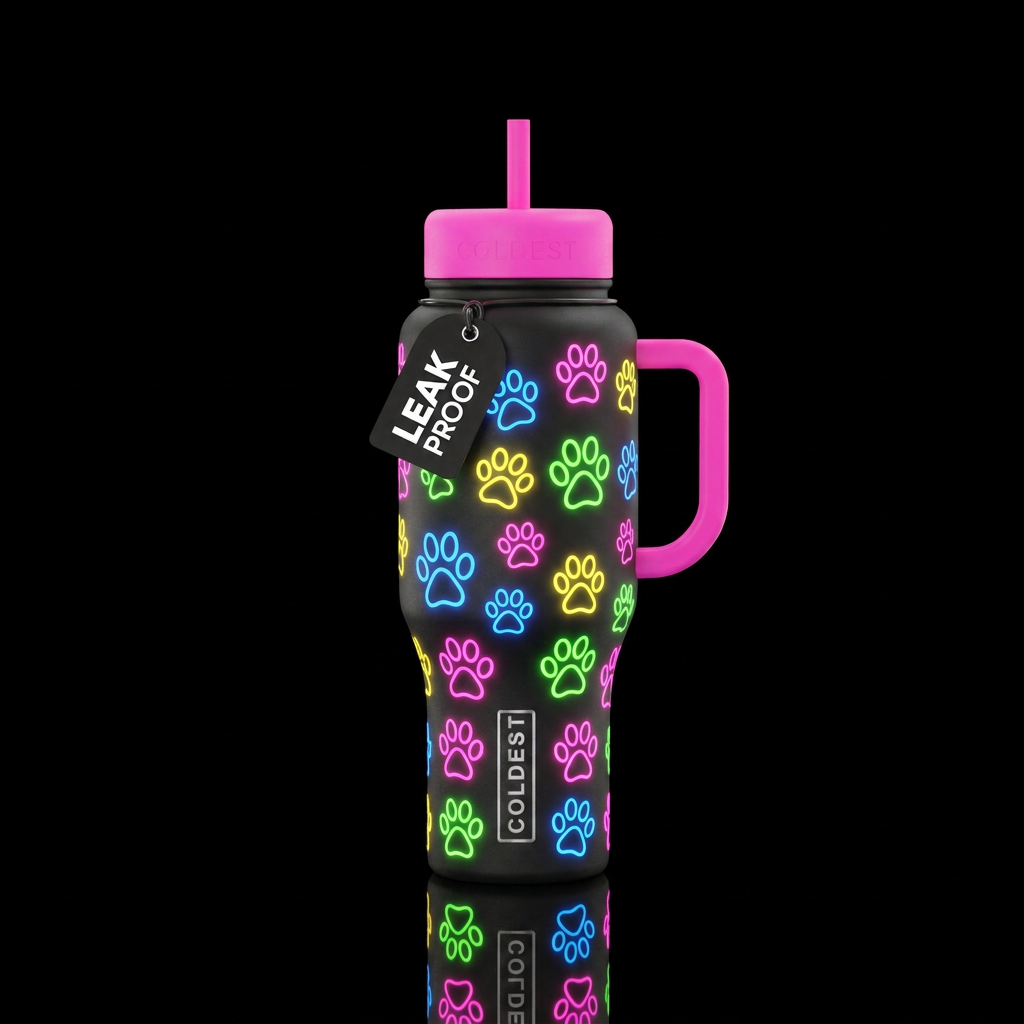 neon paw prints water bottle design