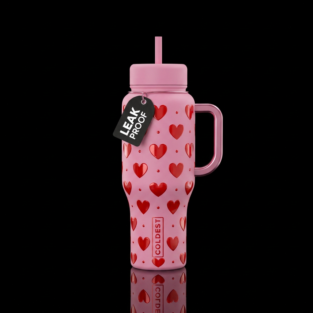 matte pink cup with glossy red hearts all over water bottle design