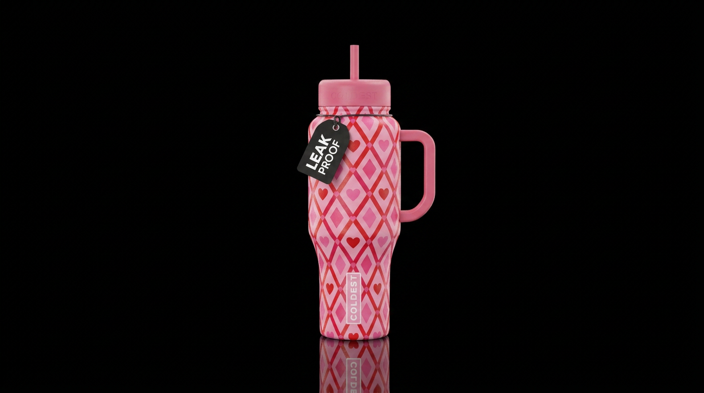 pink and red diamond pattern with hearts water bottle design