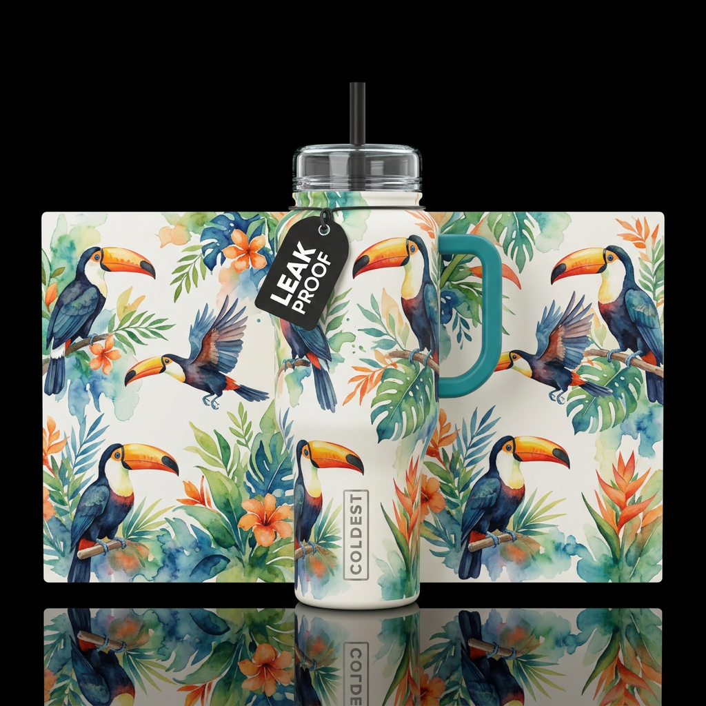 Watercolor toucans water bottle design