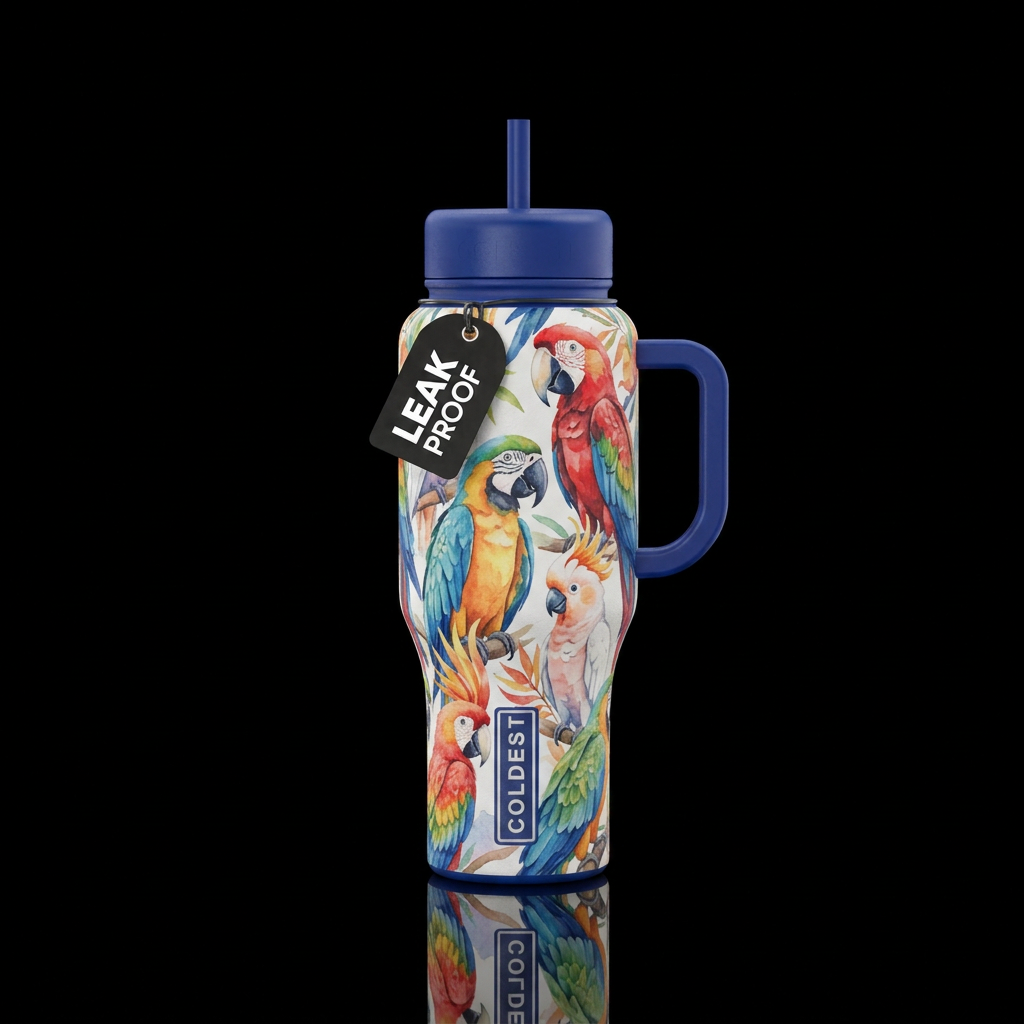 Watercolor parrots water bottle design
