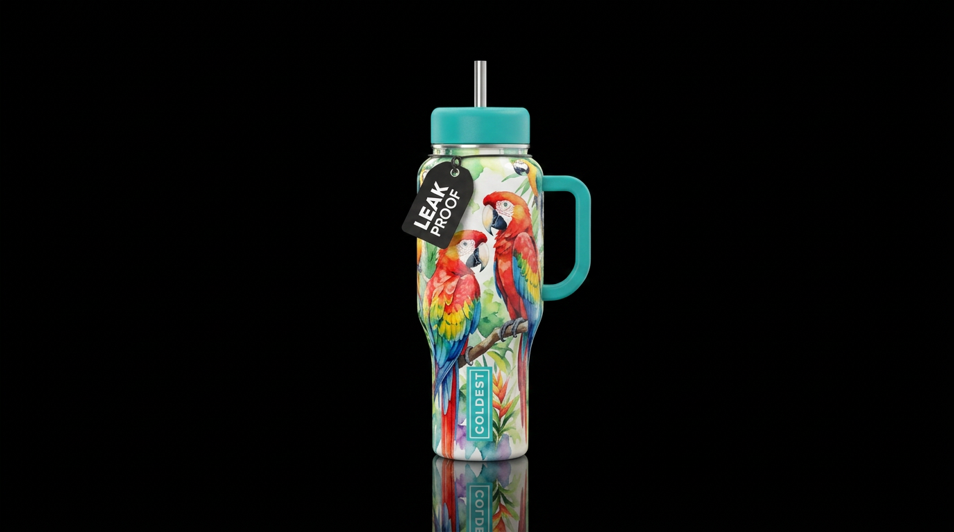 Watercolor parrots water bottle design