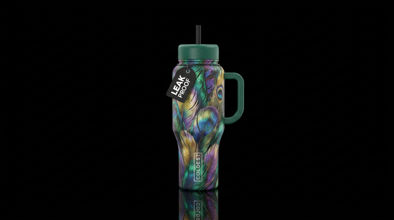 Shimmery feathers water bottle design