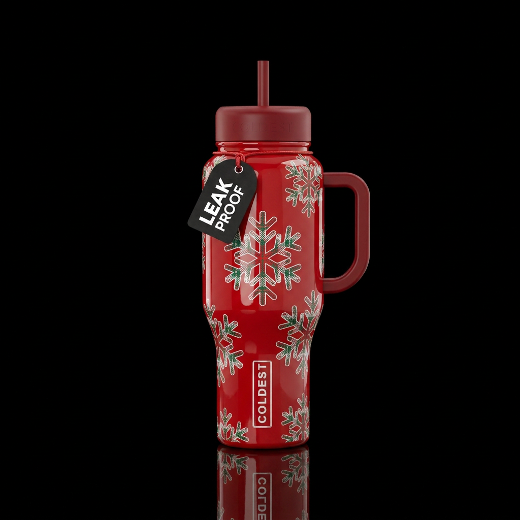 glossy red cup with plaid snowflakes water bottle design