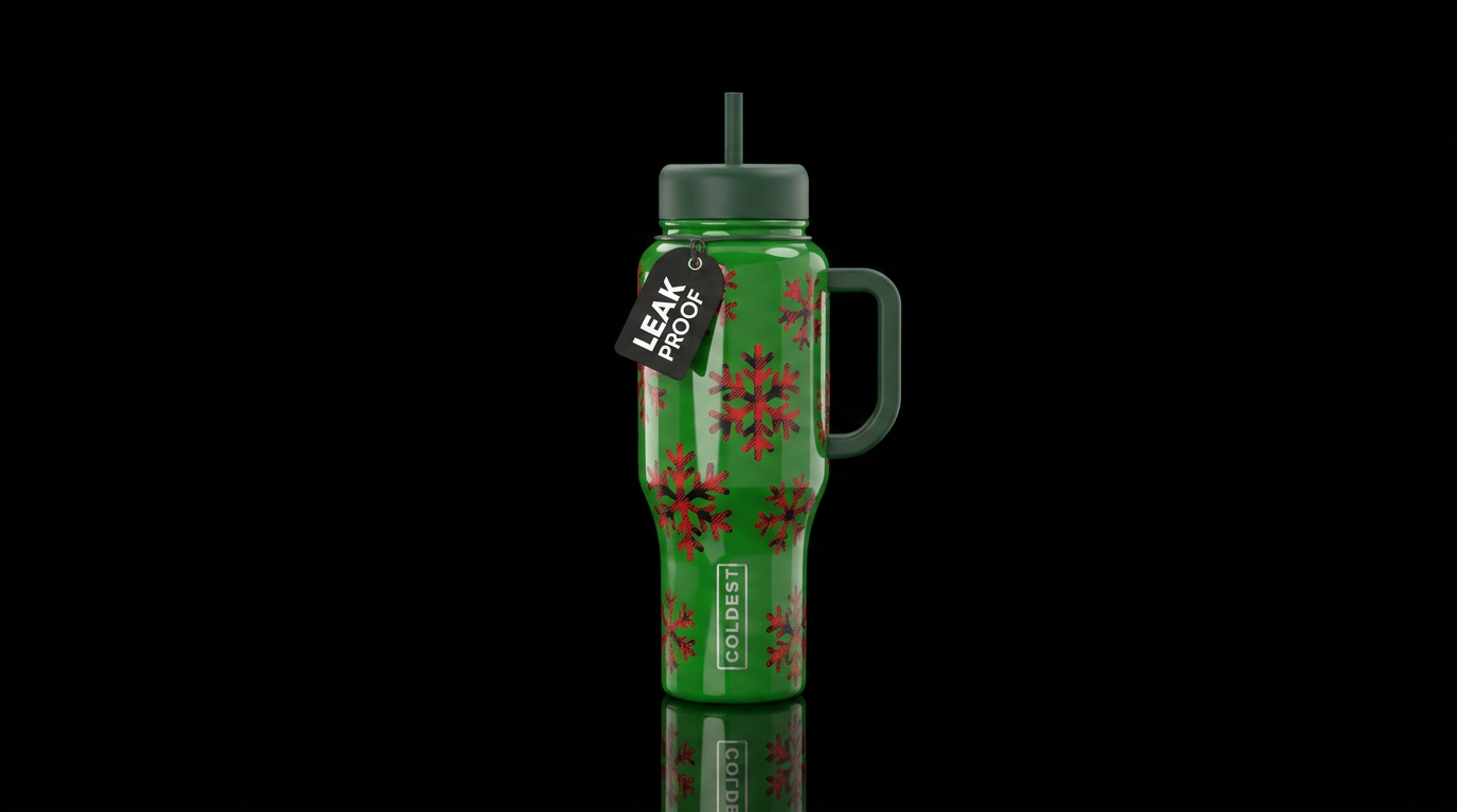 glossy green cup with flannel snowflakes water bottle design