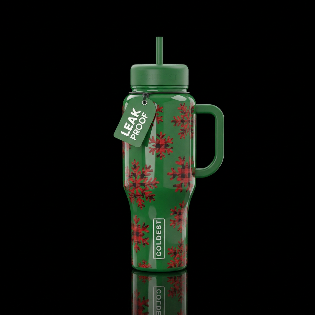glossy green cup with flannel snowflakes water bottle design