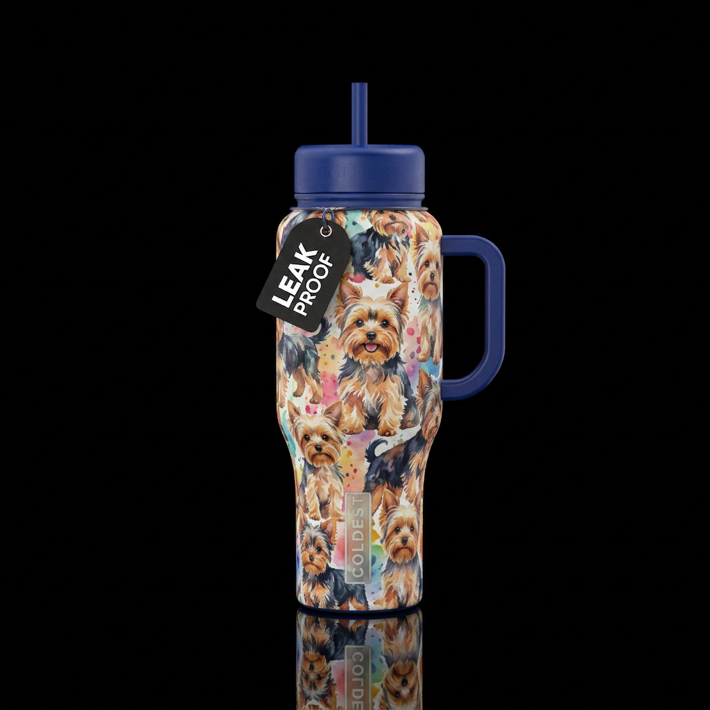 watercolor yorkies water bottle design