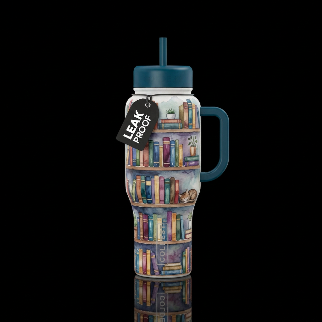 watercolor bookshelves water bottle design