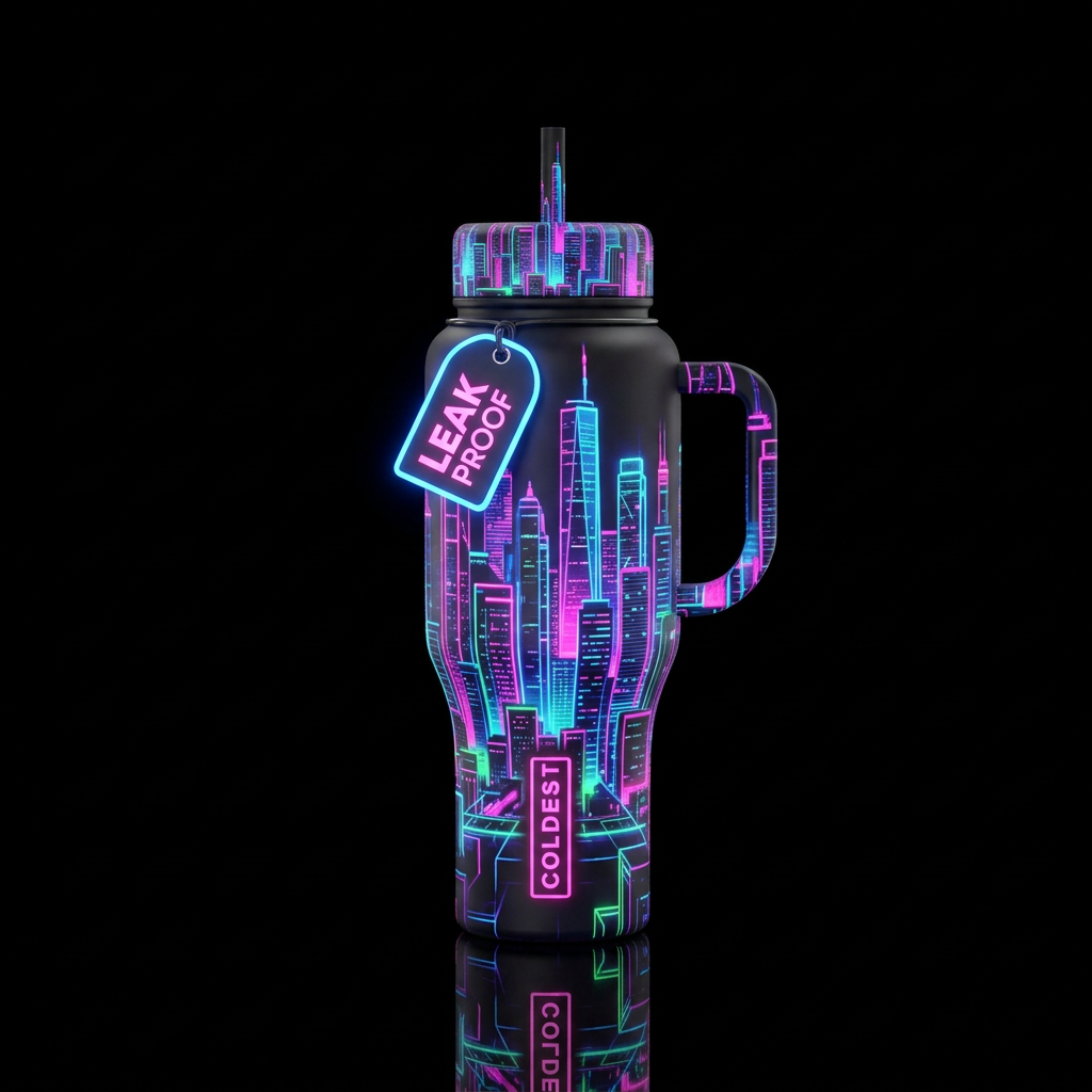 neon skyline water bottle design