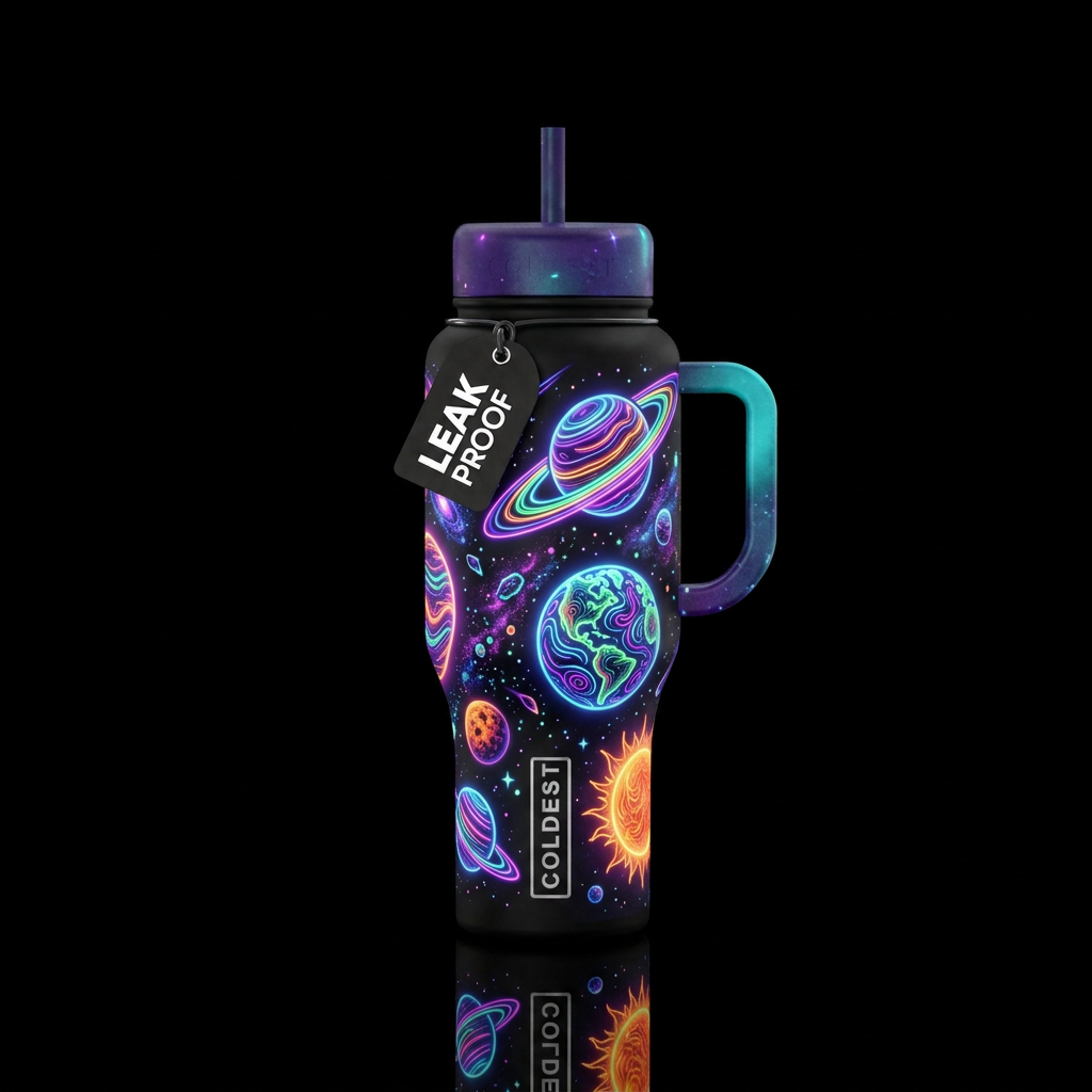 neon solar system water bottle design