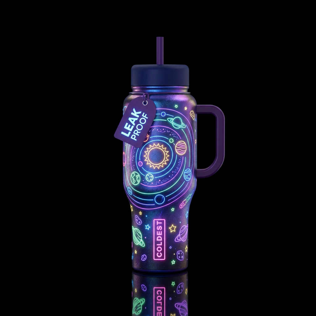 neon solar system water bottle design
