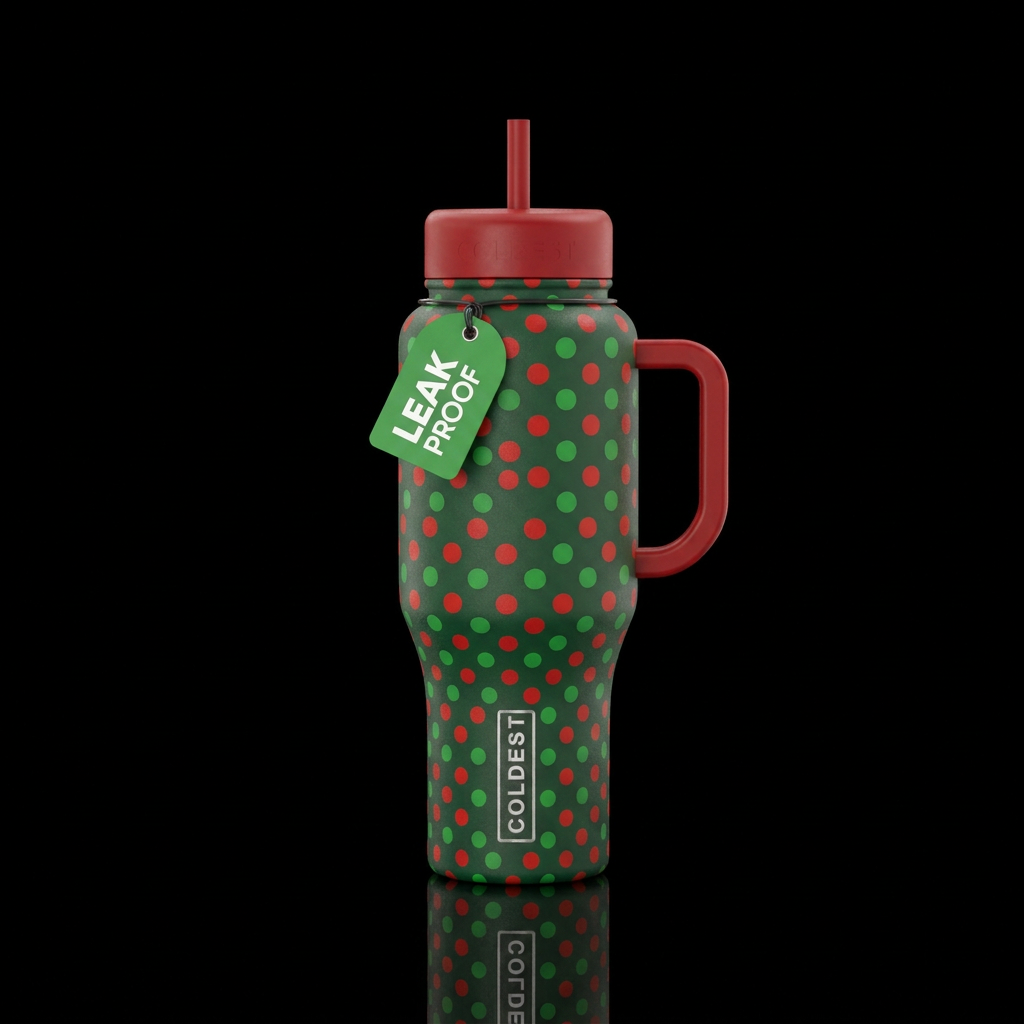 green and red polka dots water bottle design
