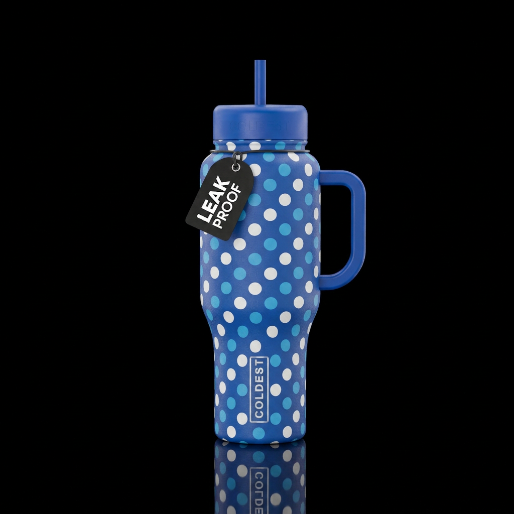 blue and white polka dots water bottle design