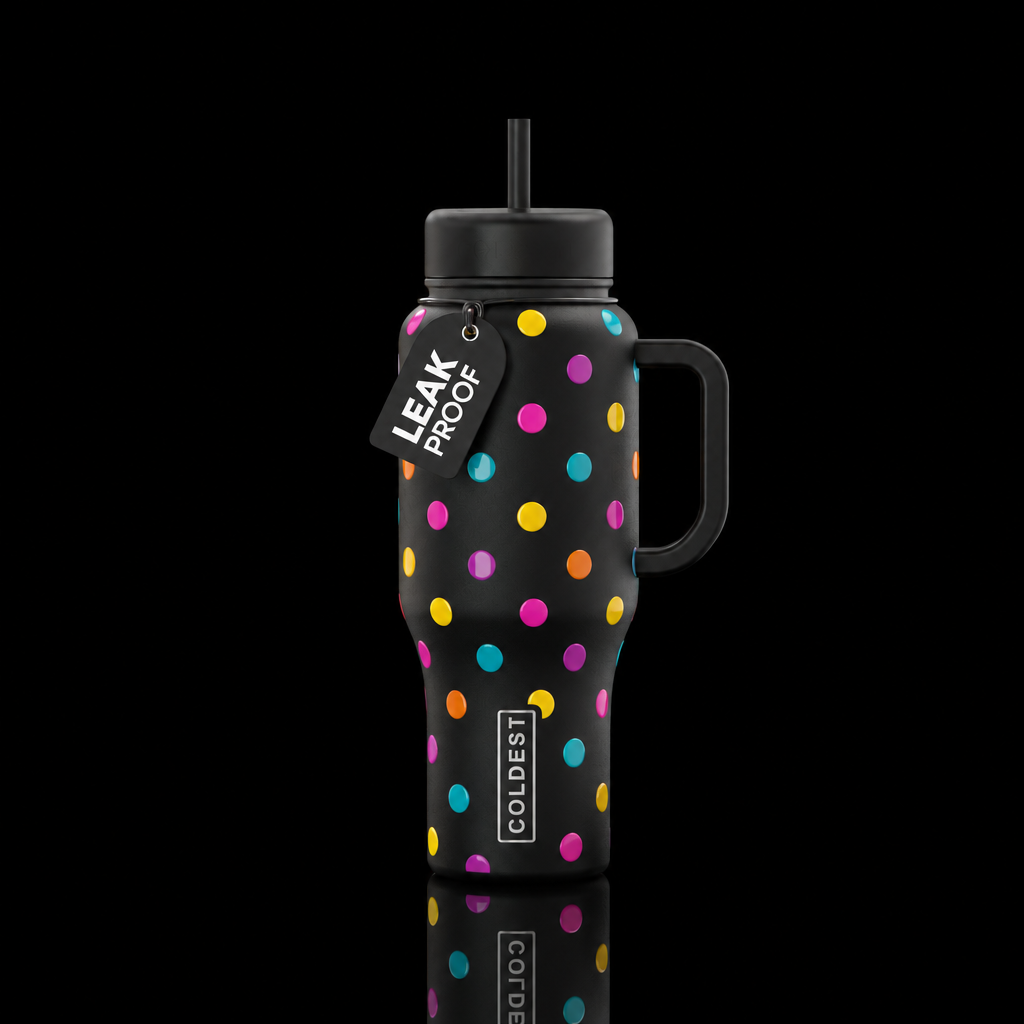 matte cup with glossy, small polka dots water bottle design