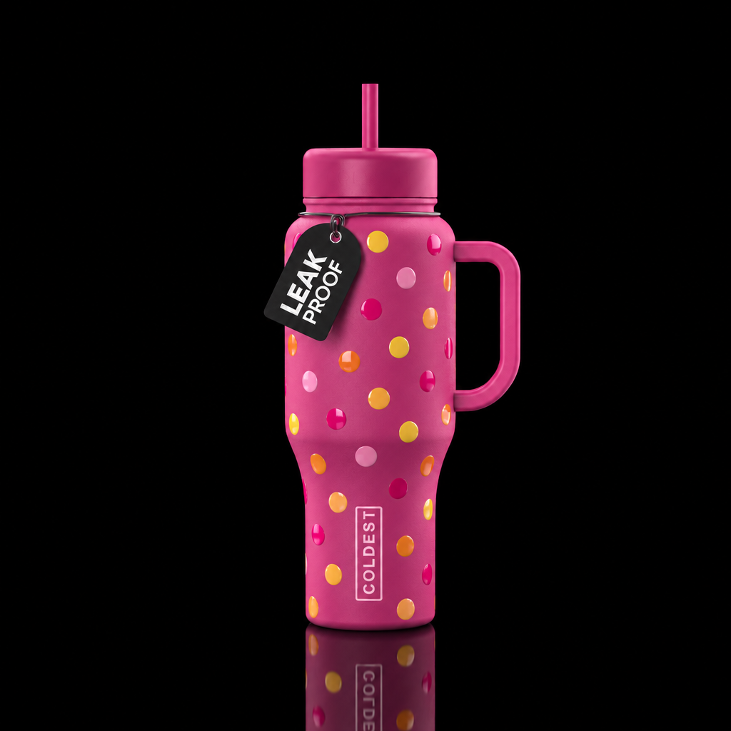matte cup with glossy, small polka dots water bottle design