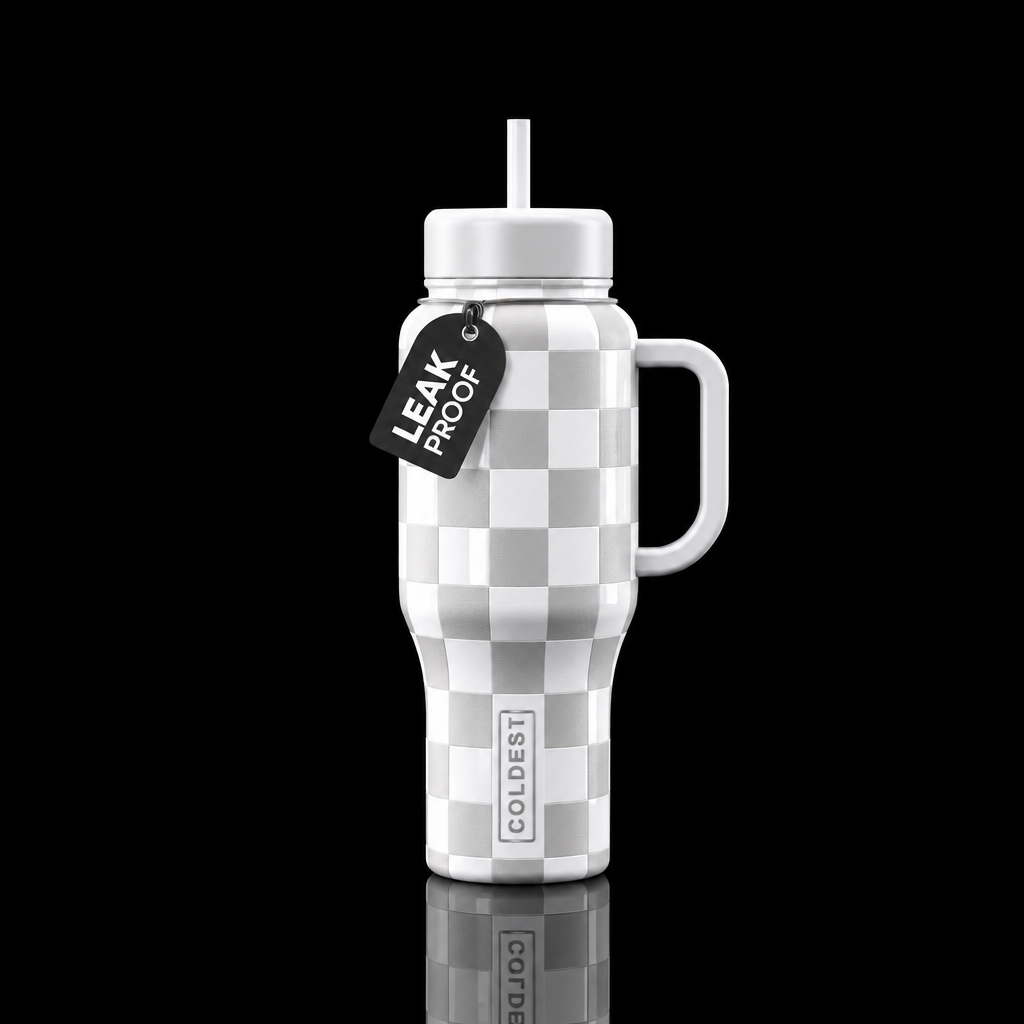 matte and glossy white checkered water bottle design