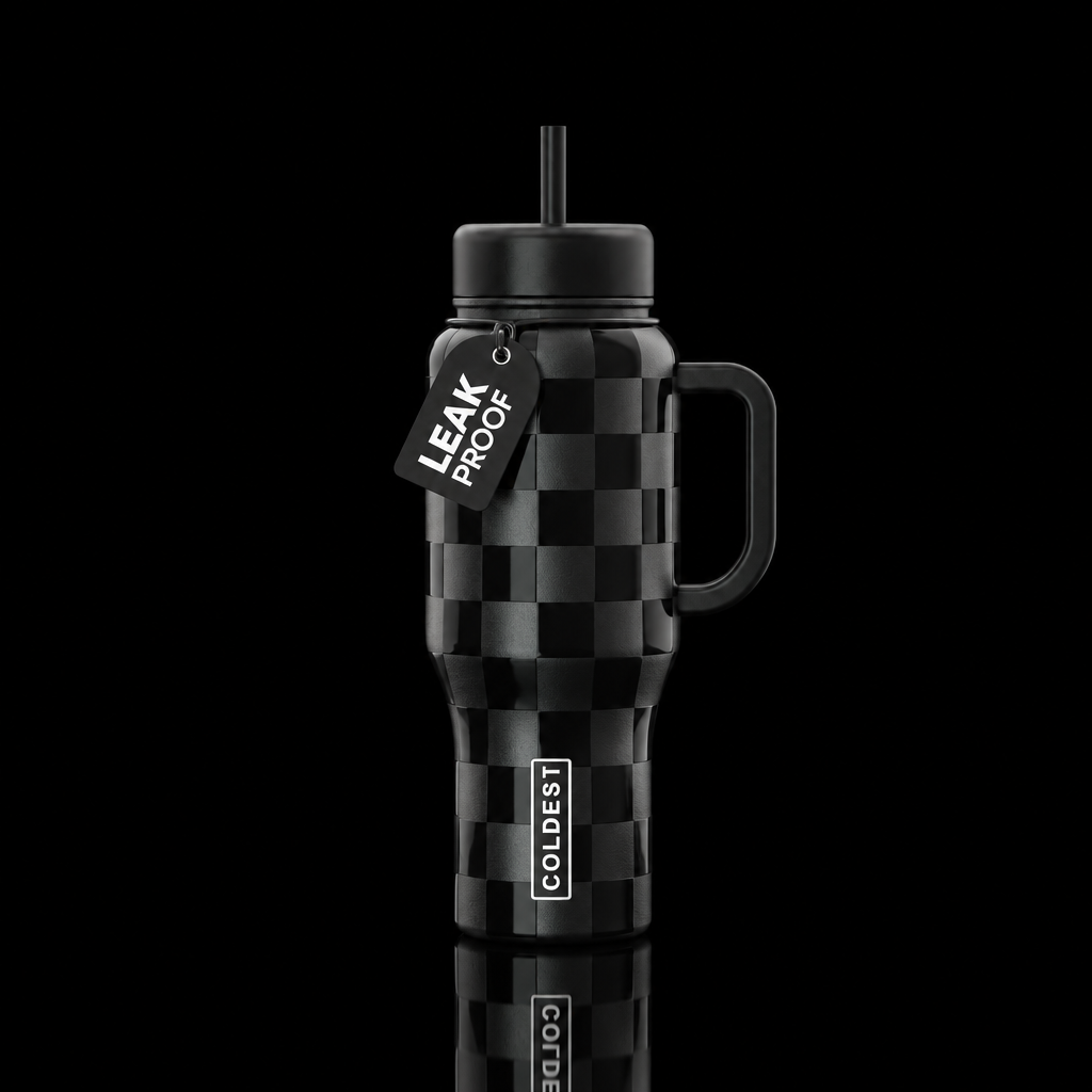 matte and glossy black checkered water bottle design