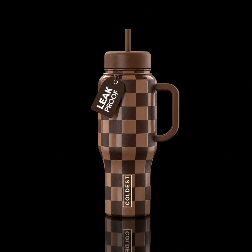 matte and glossy brown checkered water bottle design