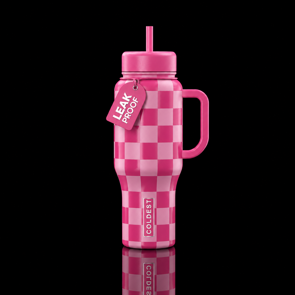 matte and glossy pink checkered water bottle design