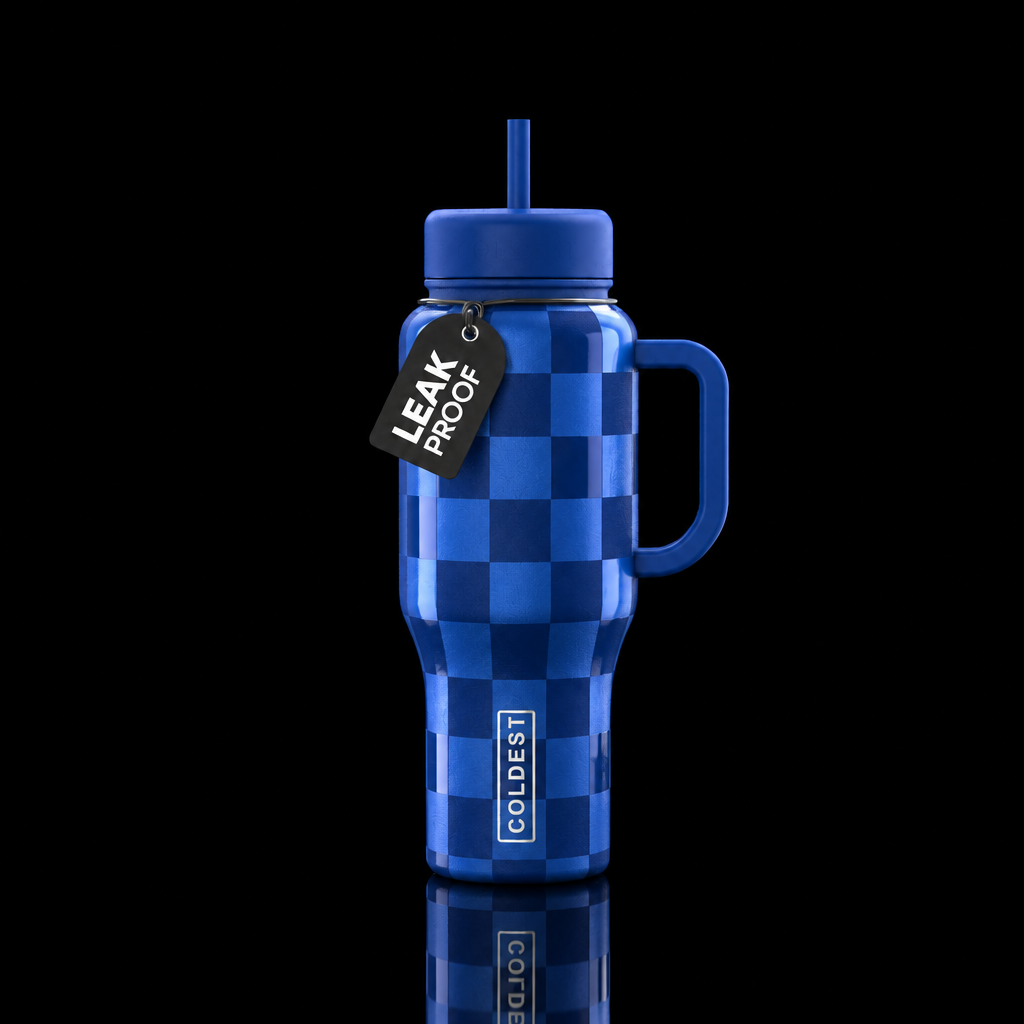matte and glossy blue checkered water bottle design