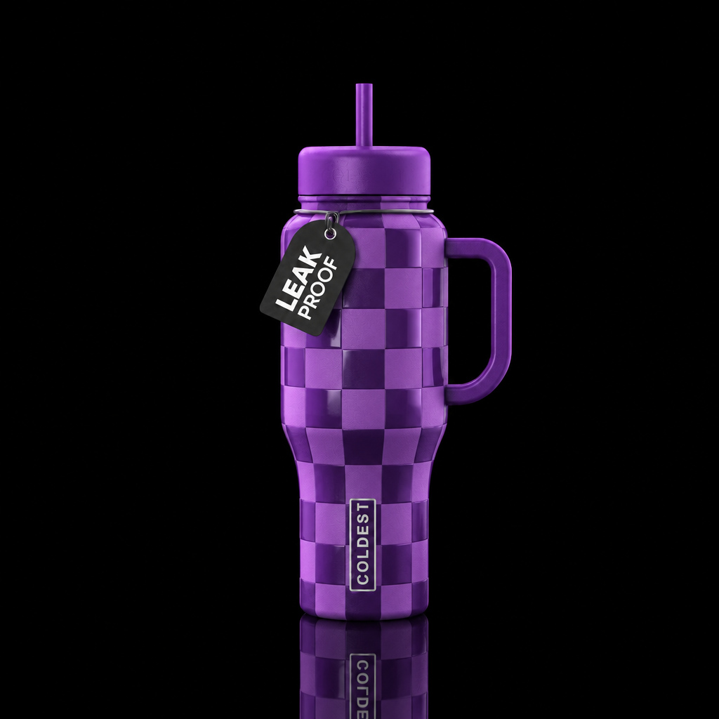 matte and glossy purple checkered water bottle design