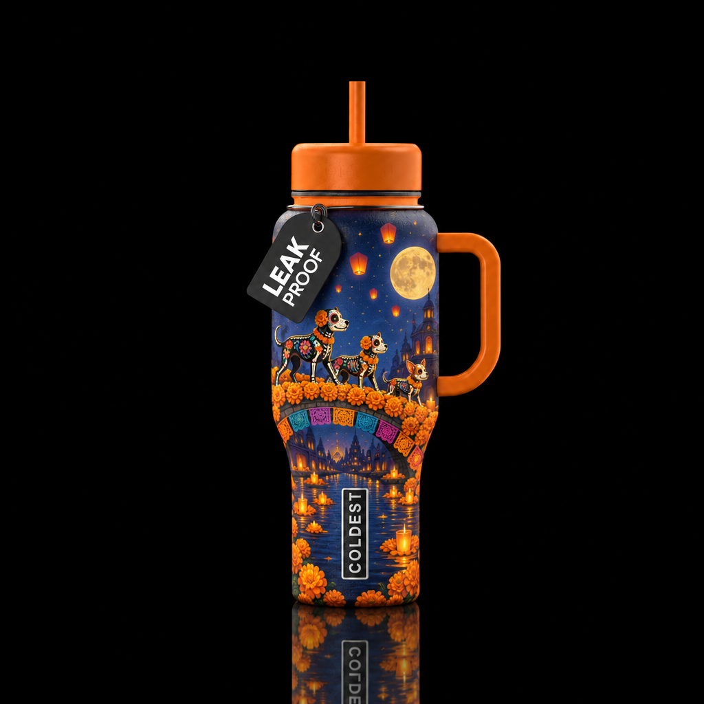 dia de los muertos dogs crossing marigold bridge water bottle design
