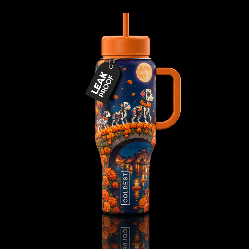dia de los muertos dogs crossing marigold bridge water bottle design