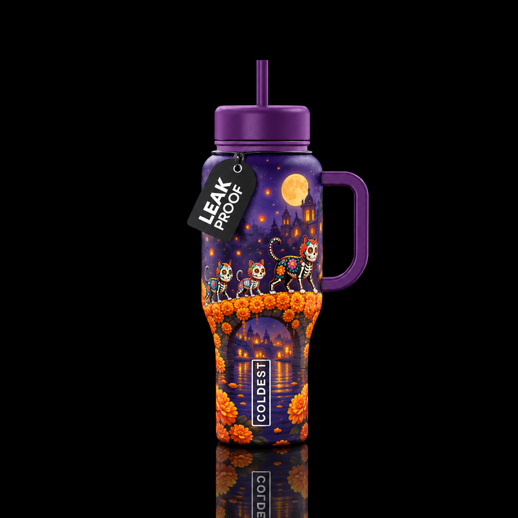 dia de los muertos cats crossing marigold bridge water bottle design