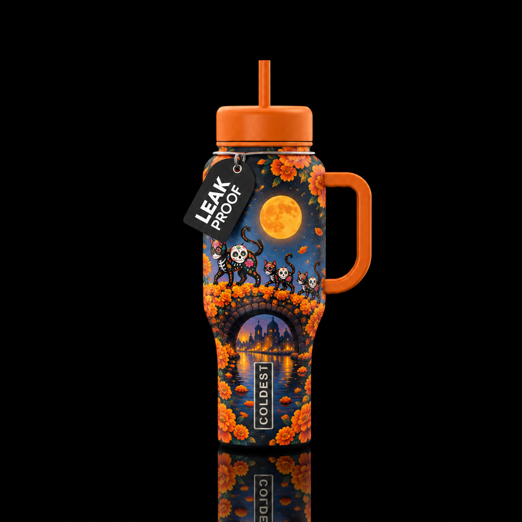dia de los muertos cats crossing marigold bridge water bottle design