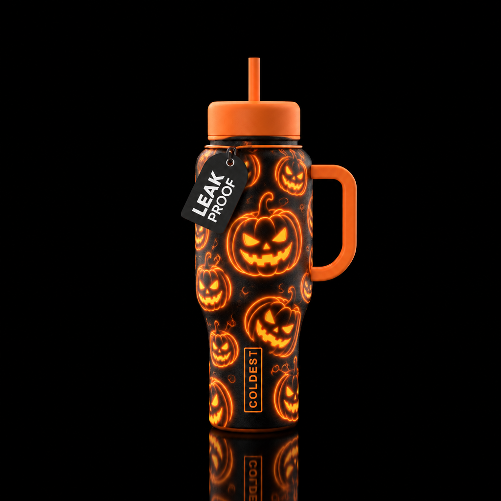 neon pumpkins water bottle design