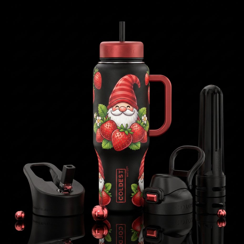 Strawberry gnome water bottle design