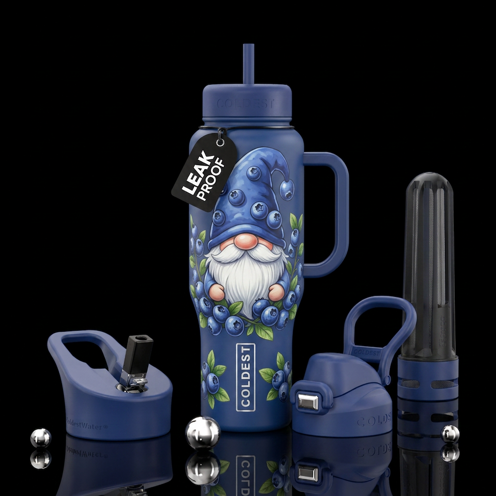 Blueberry gnome water bottle design