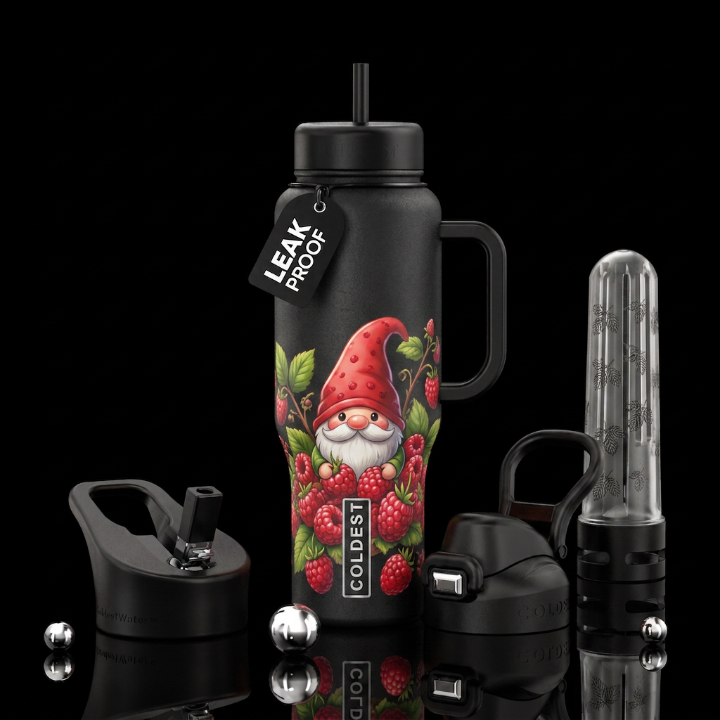 Raspberry gnome water bottle design