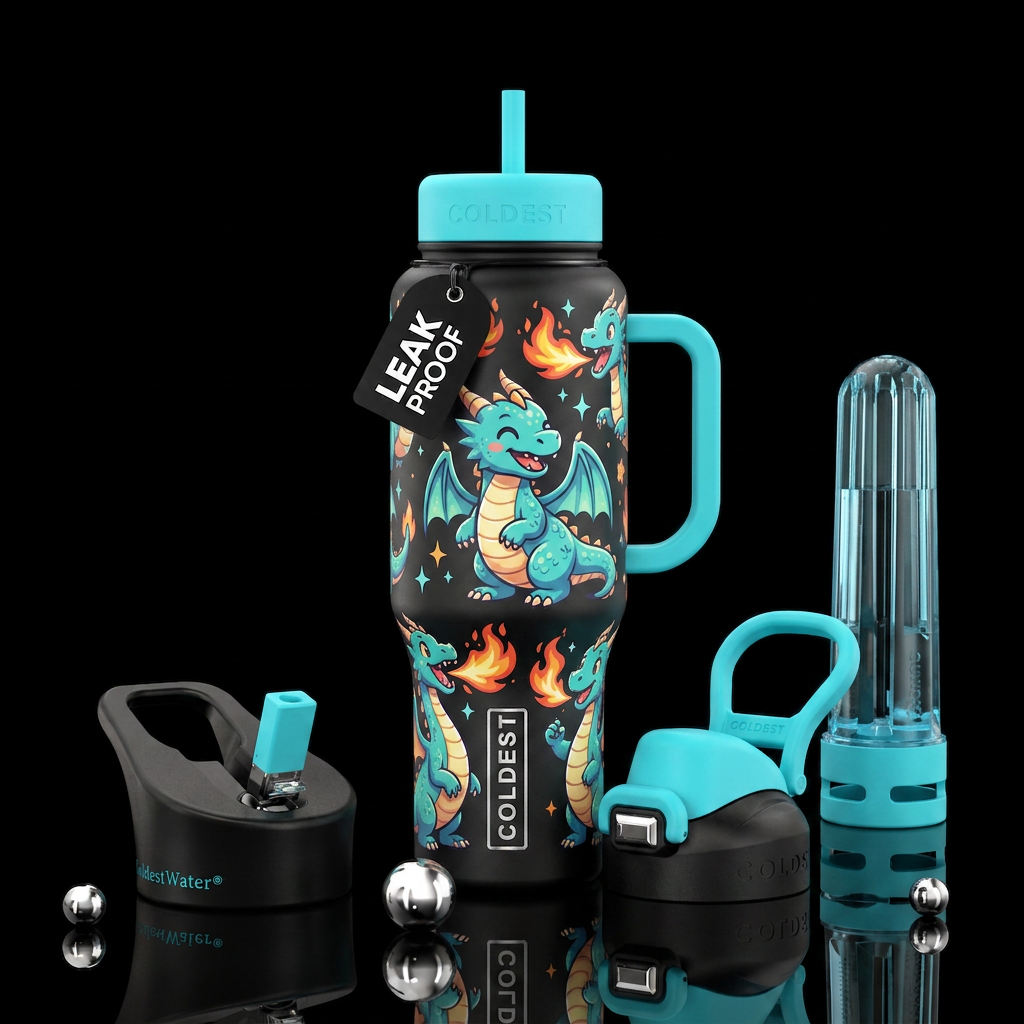 happy dragons water bottle design