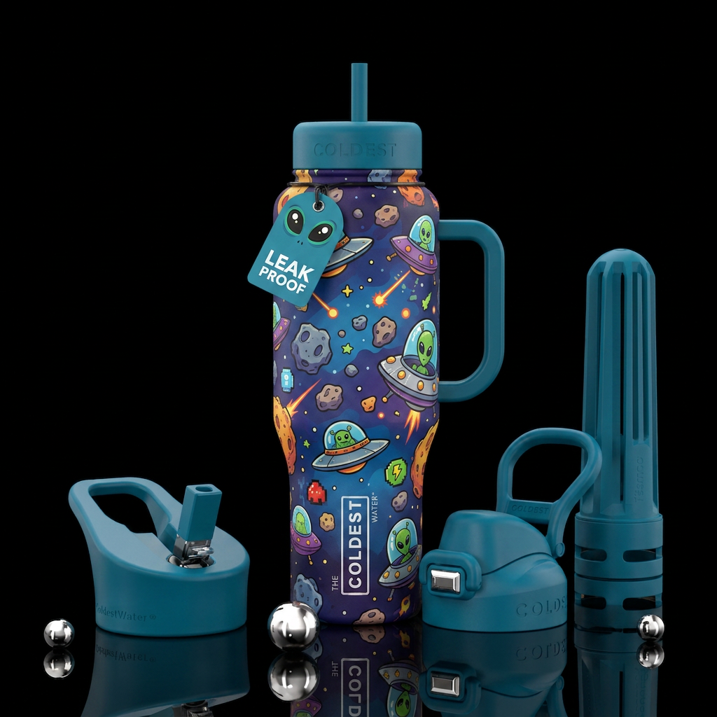 astroids and aliens water bottle design