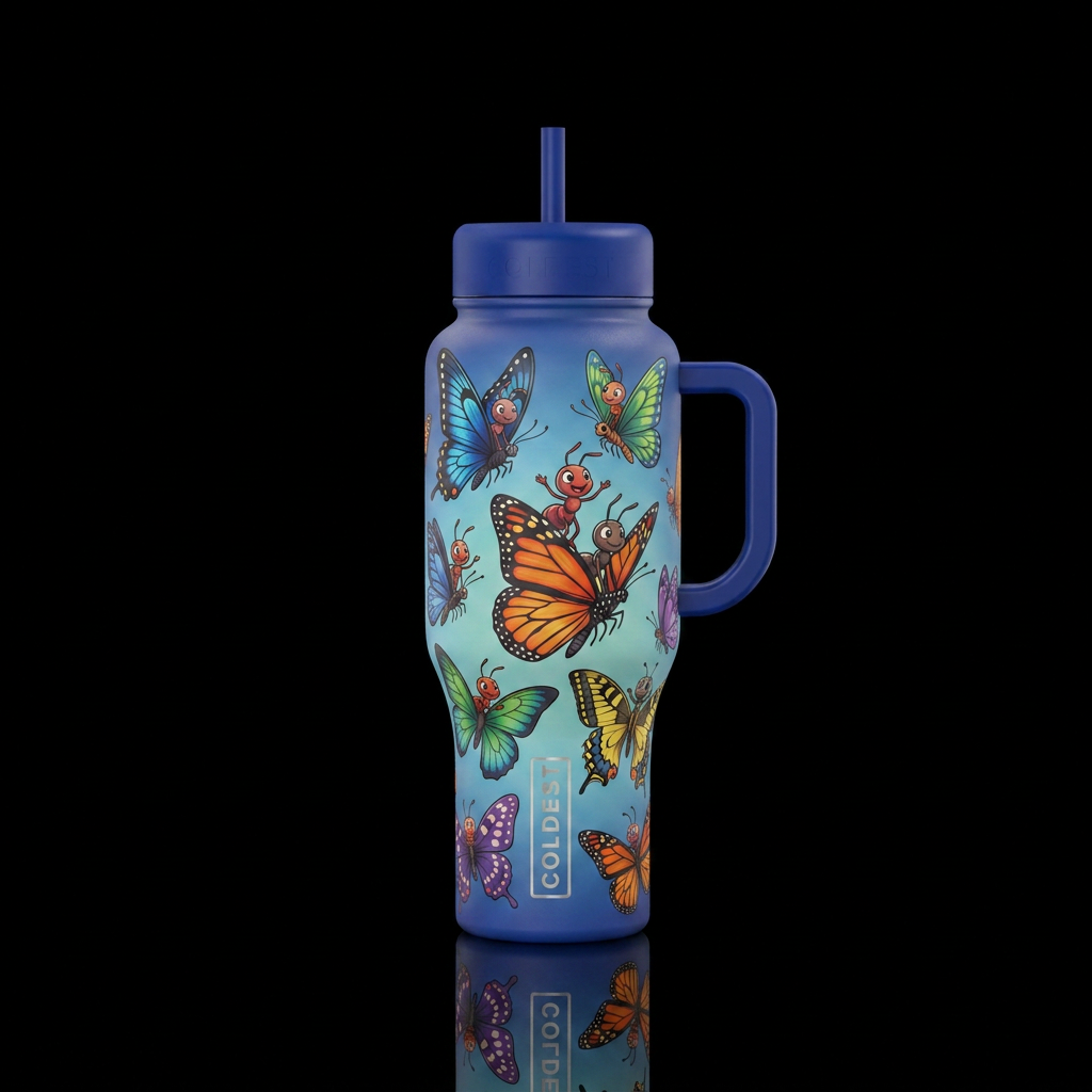 ants on butterflys water bottle design