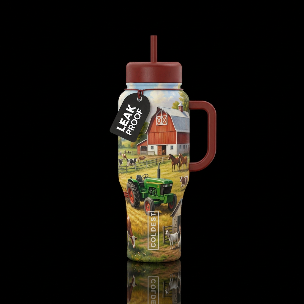 Farm life. A tractor in the field with a barn scen... water bottle design