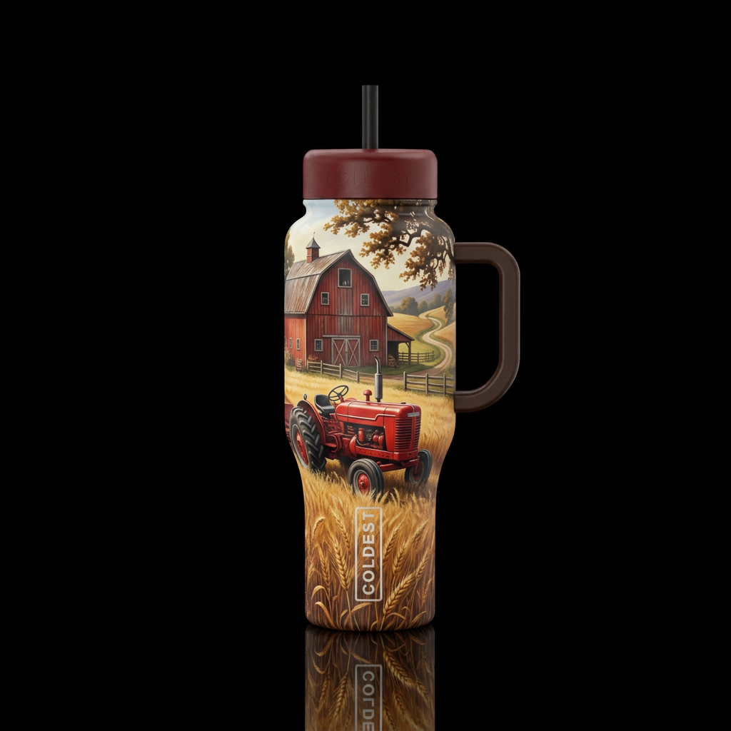 Farm life. A tractor in the field with a barn scen... water bottle design