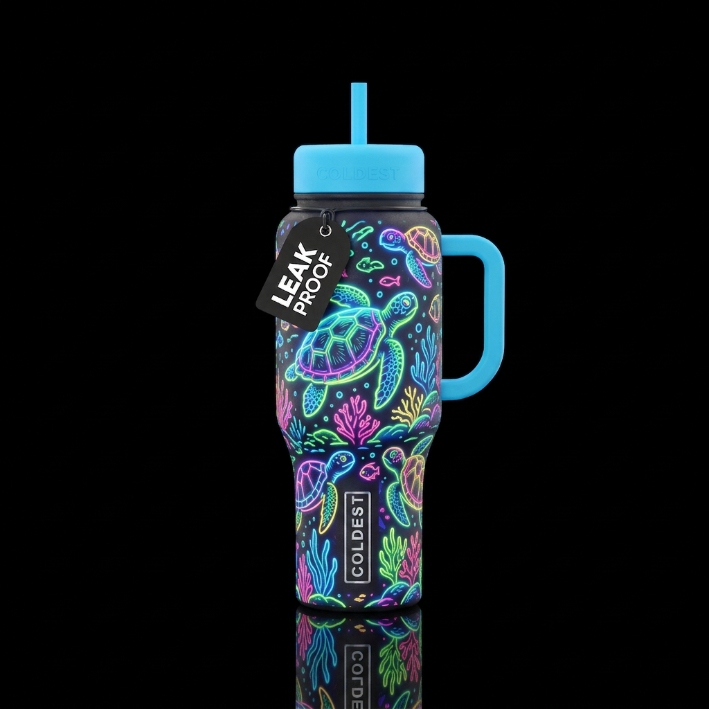 Sea turtles, whimsical, neon water bottle design