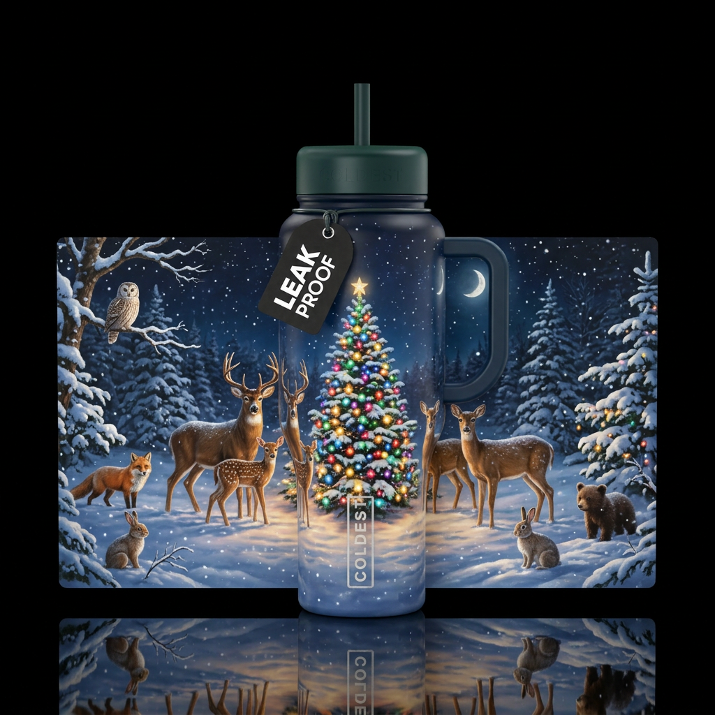 Christmas tree in the snow with animals at night, ... water bottle design